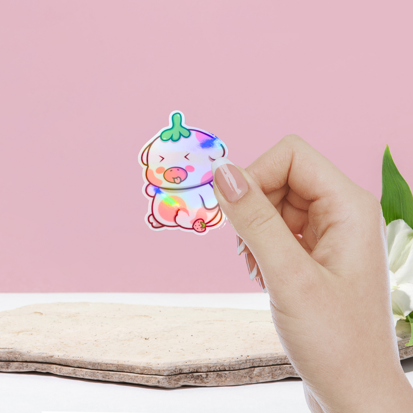 Kawaii Pink Cow Holographic Sticker