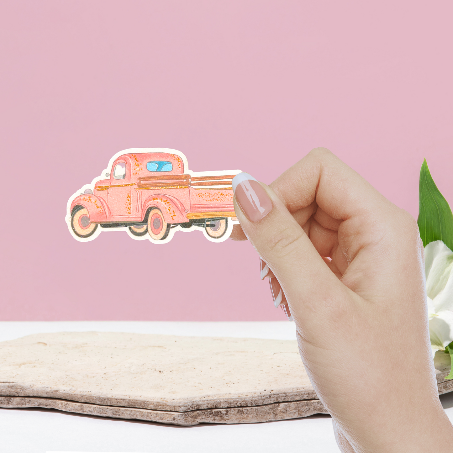 Pink Pick Up Truck Glitter Sticker